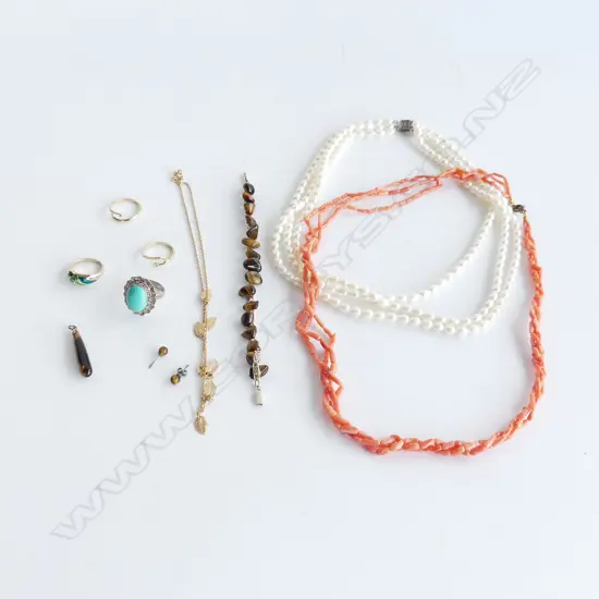 10 PCES ASST. JEWELLERY; 2 NECKLACES, PEARL & CORAL, 4 RINGS ; 3 GP, 925 & TURQUOISE, TIGERS EYE SET ETC