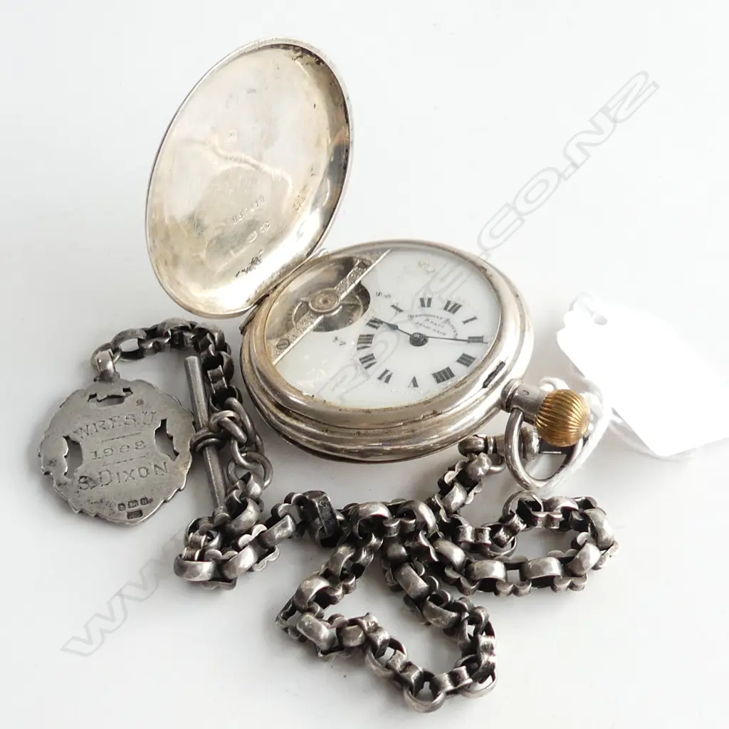 STG SILVER HEBDOMAS POCKET WATCH w. STG CHAIN & MEDAL, WORKING Image 1++