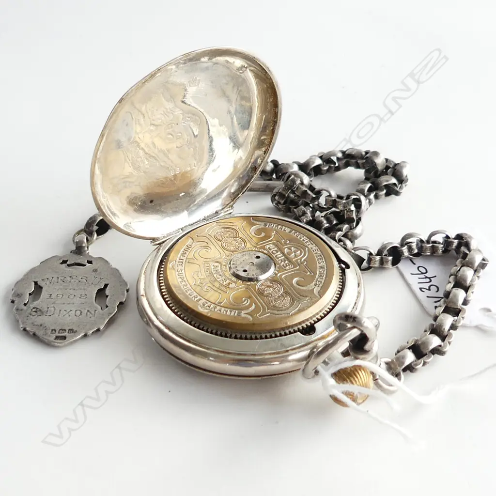 STG SILVER HEBDOMAS POCKET WATCH w. STG CHAIN & MEDAL, WORKING Image 1++
