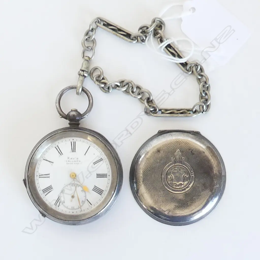 VINTAGE KAYS STG SILVER POCKET WATCH WITH CHAIN, IN CLOTH BAG, A/F 114.83GMS Image 1++