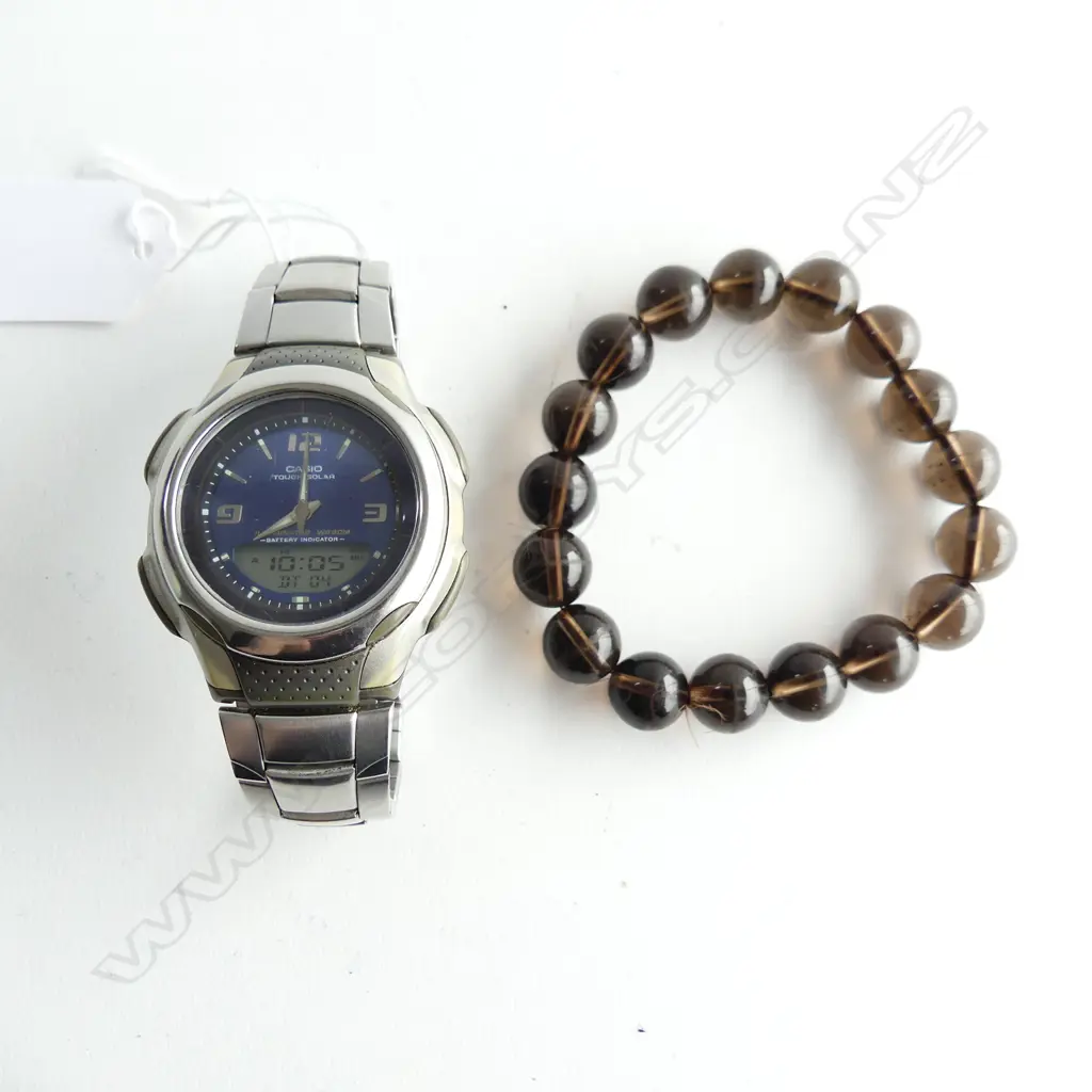 CASIO SOLAR WRIST WATCH (WORKING) + GLASS BEAD BRACELET Image 1++