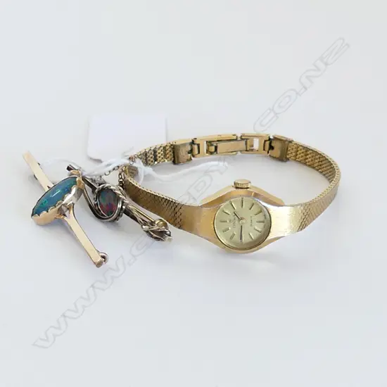 9CT GOLD & OPAL BROOCH/SILVER & OPAL BROOCH/GOLD PLATED WRIST WATCH