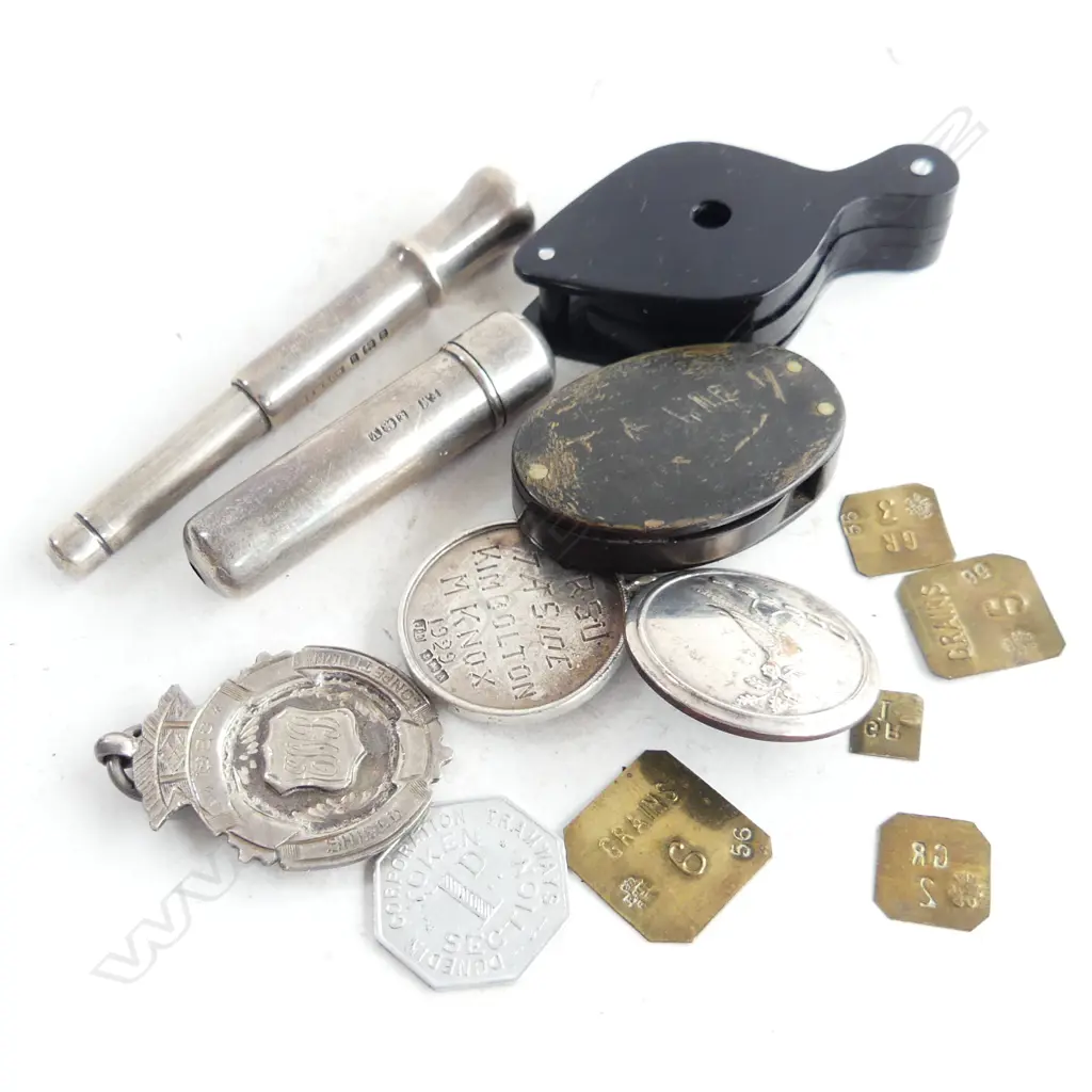 OLD GM weights + 2 silver medallions (1 rugby 1929) + silver propelling pencil + stg case + 2 magnifiers etc Image 1++