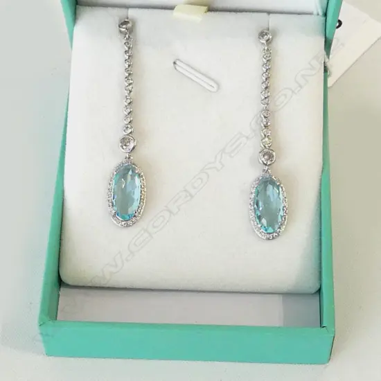 PR BLUE STONES, CZ &  SILVER DROP EARRINGS, IN BOX