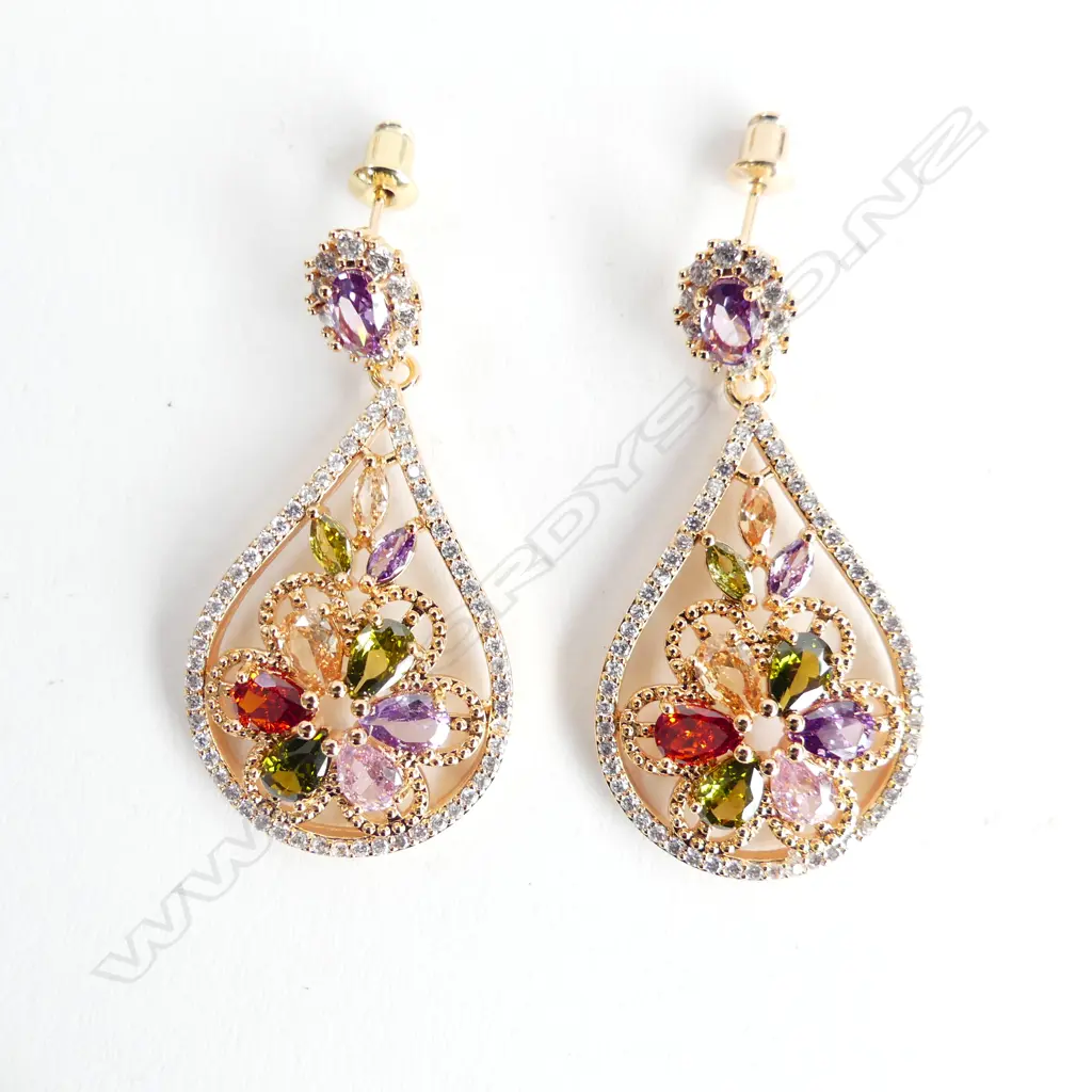 PR 925 SILVER ROSE GOLD PLATED GEM SET DROP EARRINGS Image 1++