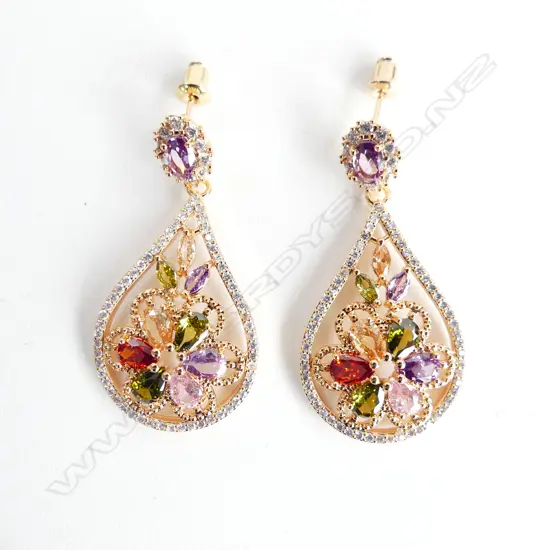 PR 925 SILVER ROSE GOLD PLATED GEM SET DROP EARRINGS
