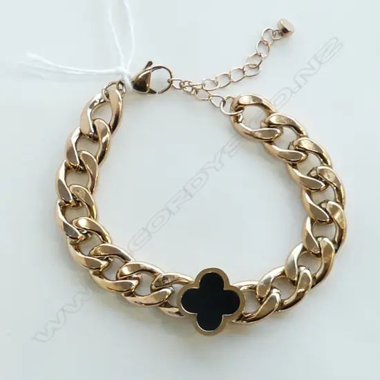 GOLD TONE STAINLESS STEEL FASHION JEWELLERY CHAIN BRACELET WITH BLACK ENAMEL FOUR LEAF CLOVER 