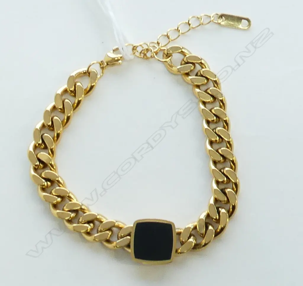 GOLD TONE STAINLESS STEEL FASHION JEWELLERY CHAIN BRACELET WITH BLACK ENAMEL EMBELLISHMENT Image 1++