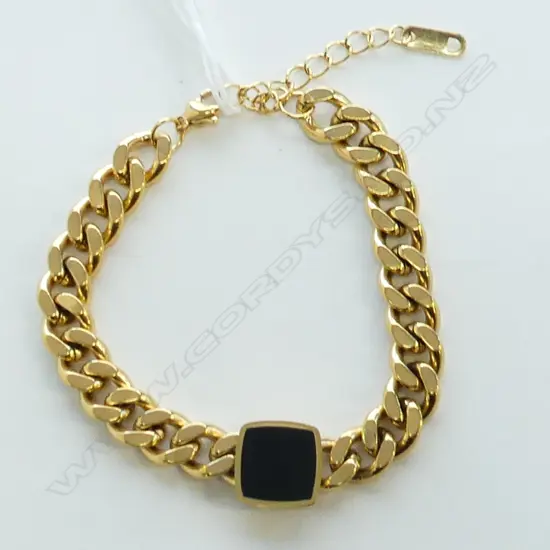 GOLD TONE STAINLESS STEEL FASHION JEWELLERY CHAIN BRACELET WITH BLACK ENAMEL EMBELLISHMENT