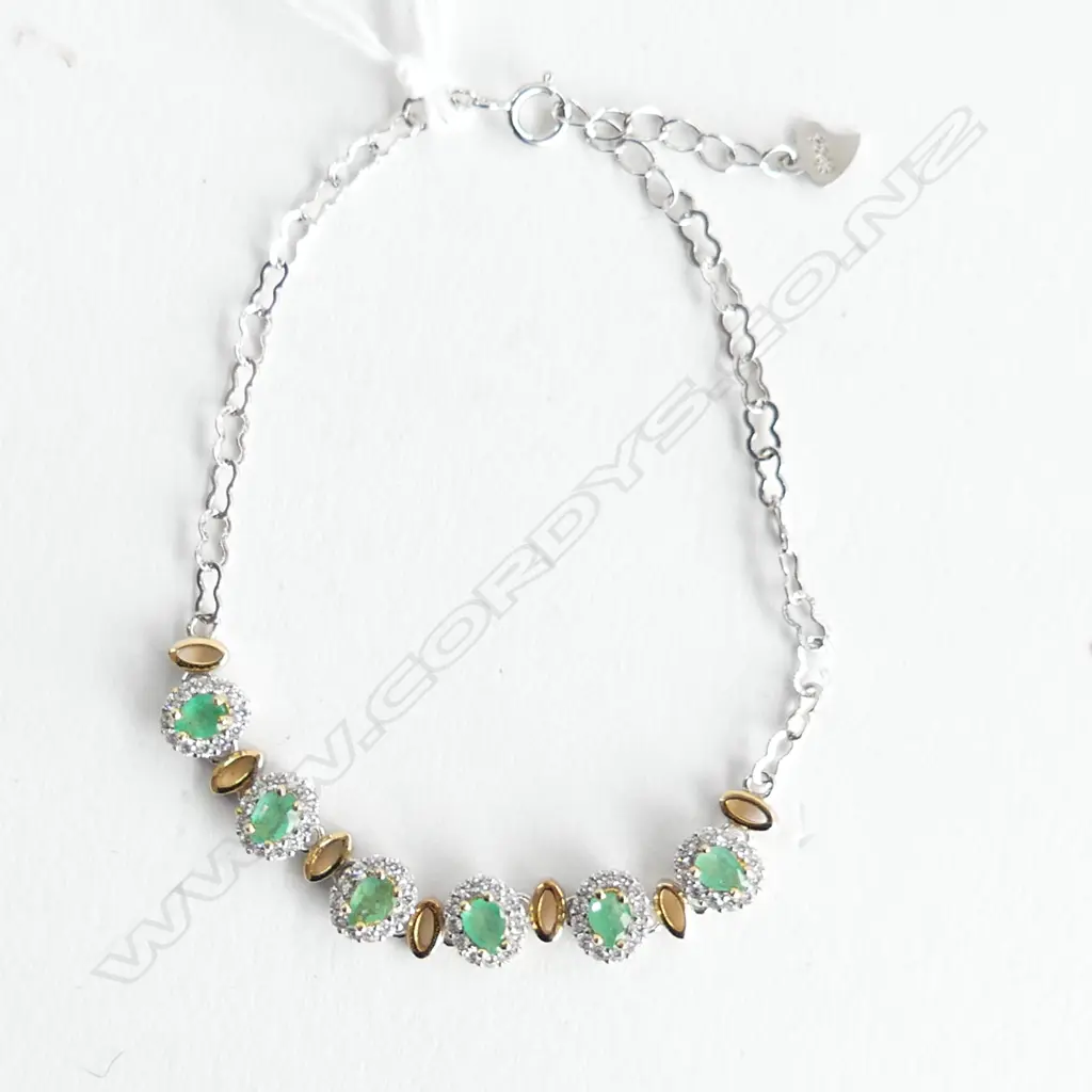 EMERALD & CRYSTAL 925 SILVER PLATED BRACELET  Image 1++