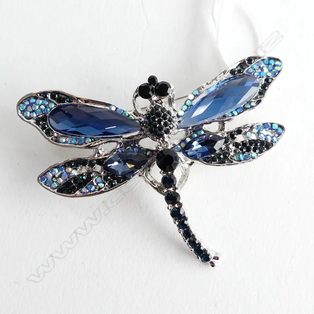LG CRYSTAL, SILVER PLATED & GEM SET DRAGONFLY BROOCH W. 60mm Image 1++