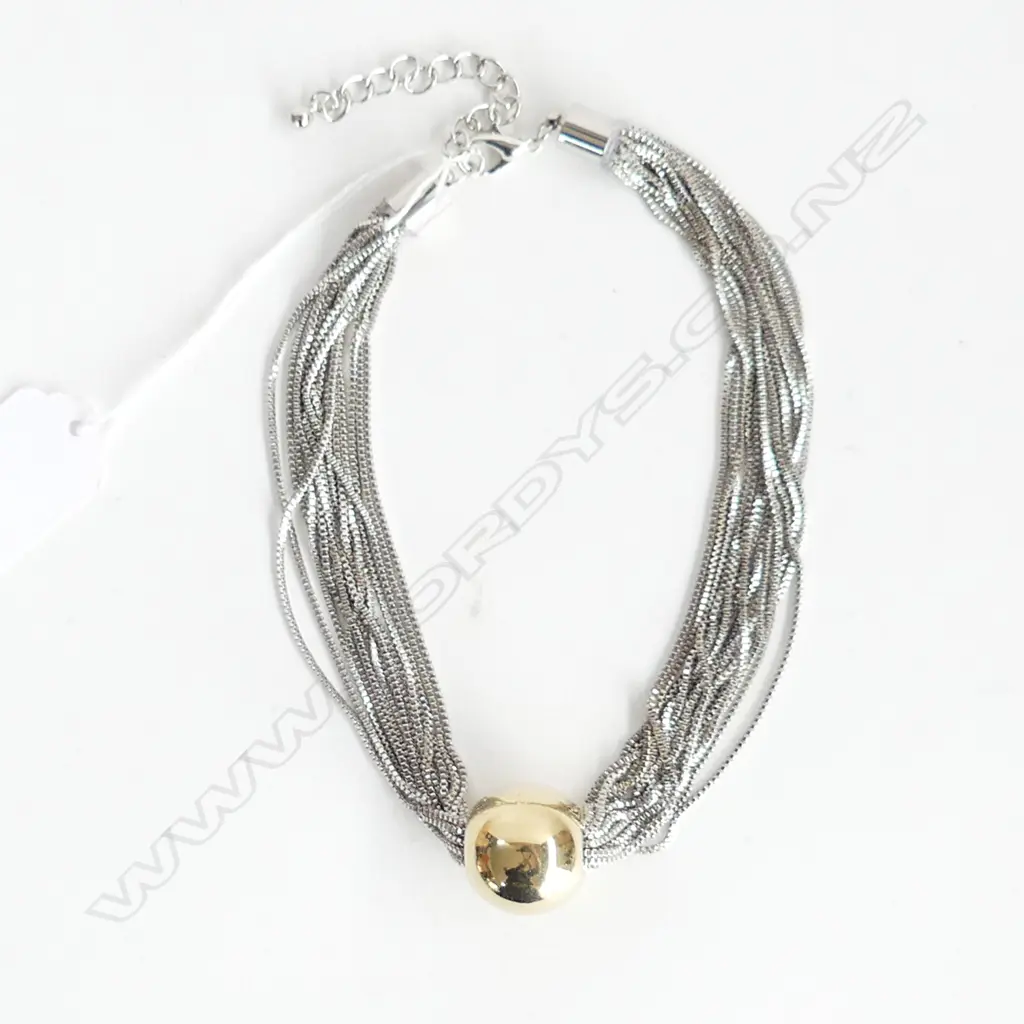 SILVER PLATE MULTI STRAND NECKLACE WITH LG GOLD GILT BALL Image 1++