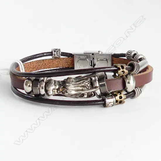 MENS BRACELET - UNUSUAL HAND MADE CALF LEATHER & WOLF MOTIF