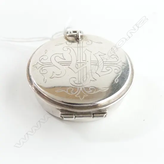 STG SILVER MONOGRAMMED PILL BOX, LONDON 1949, 45GMS