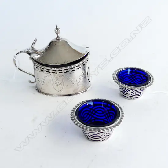 PR STG SILVER & BLUE GLASS SALTS + DECORATIVE STG & BLUE GLASS LINED LIDDED MUSTARD CONTAINER (L 90mm 92GMS STG WGT ONLY