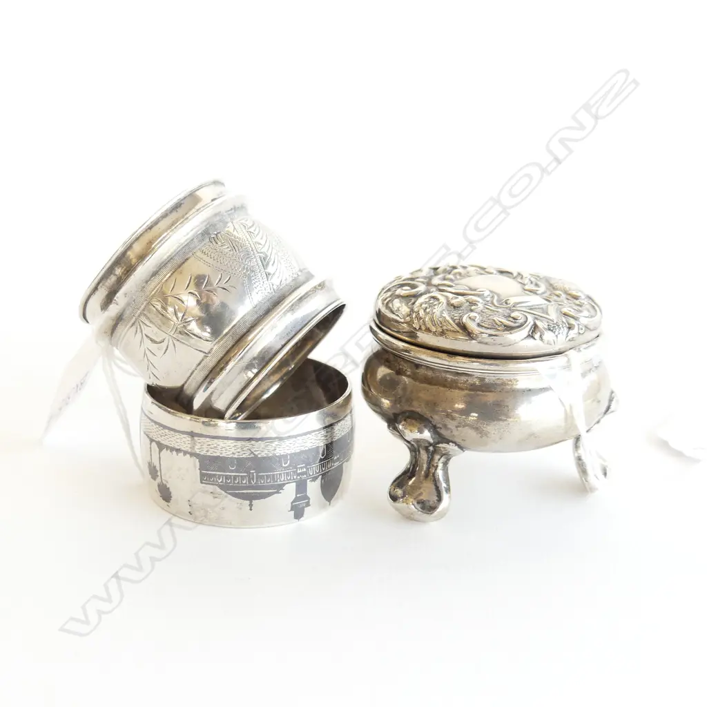 STG SILVER LIDDED POT, DIA 55mm (lid out of shape) + 2 MIDDLE EASTERN SILVER NAPKIN RINGS  Image 1++
