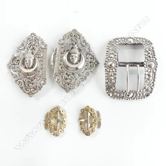 2 VINTAGE ORNATE SILVER PLATE BELT BUCKLES + PR SHOE CLIPS