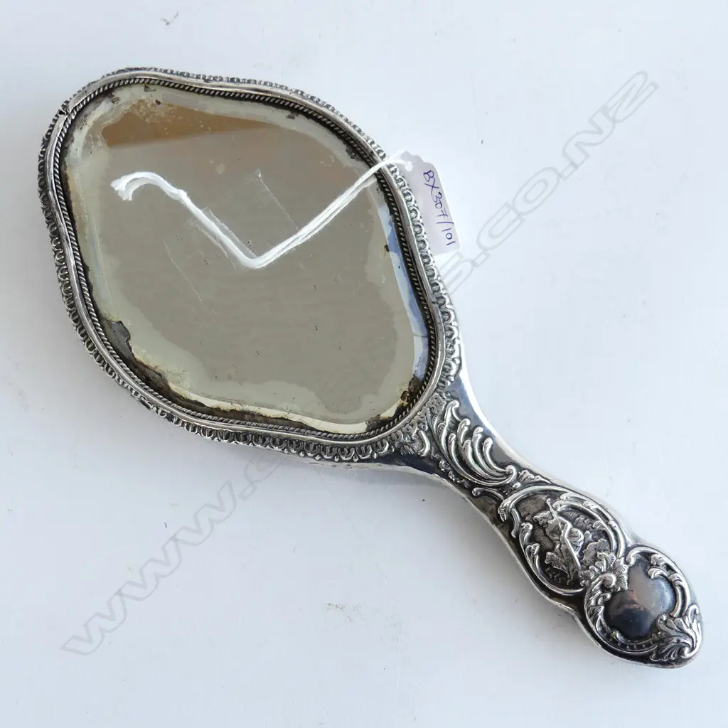 Stg Silver ornate hand mirror dents on side and mirror wear. Image 1++