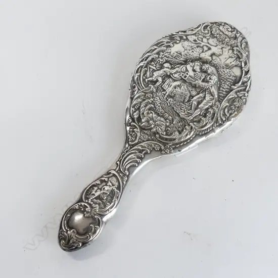 Stg Silver ornate hand mirror dents on side and mirror wear.