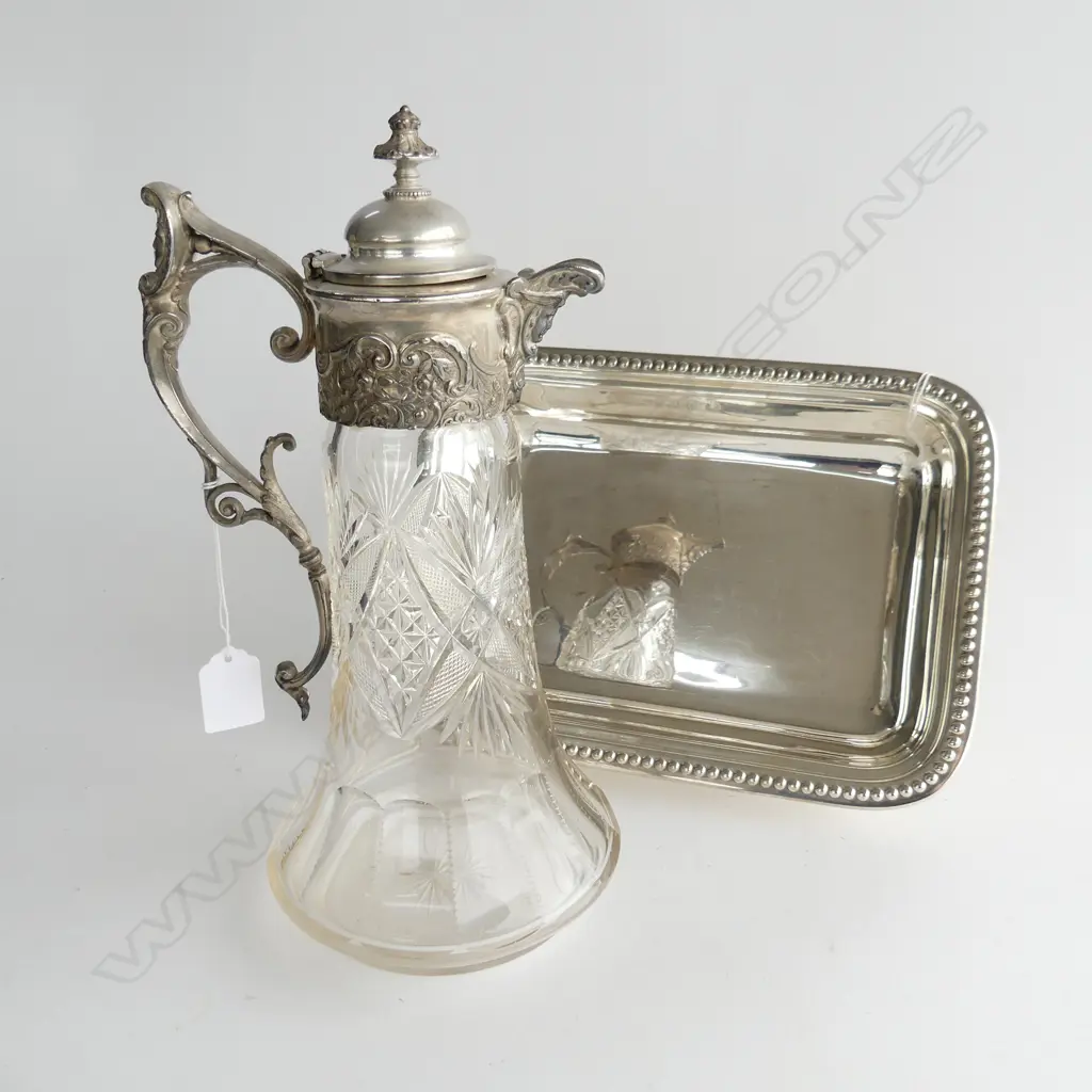 VINTAGE CUT GLASS SHERRY DECANTER, EP LID, COLLAR & HANDLE (H. 310mm) + EP SERVING DISH (280 X 200mm) Image 1++