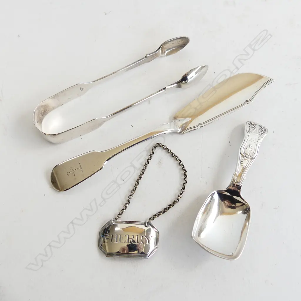 4 STG SILVER PCS; SUGAR TONGS, TEA CADDY SCOOP, BUTTER KNIFE & SHERRY SWING TAG, 146GMS Image 1++