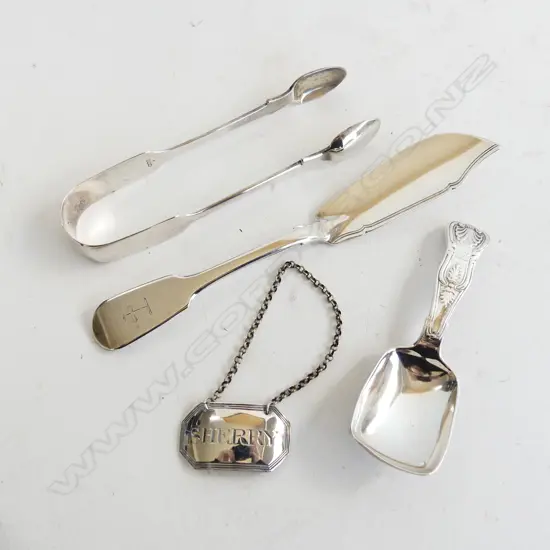4 STG SILVER PCS; SUGAR TONGS, TEA CADDY SCOOP, BUTTER KNIFE & SHERRY SWING TAG, 146GMS