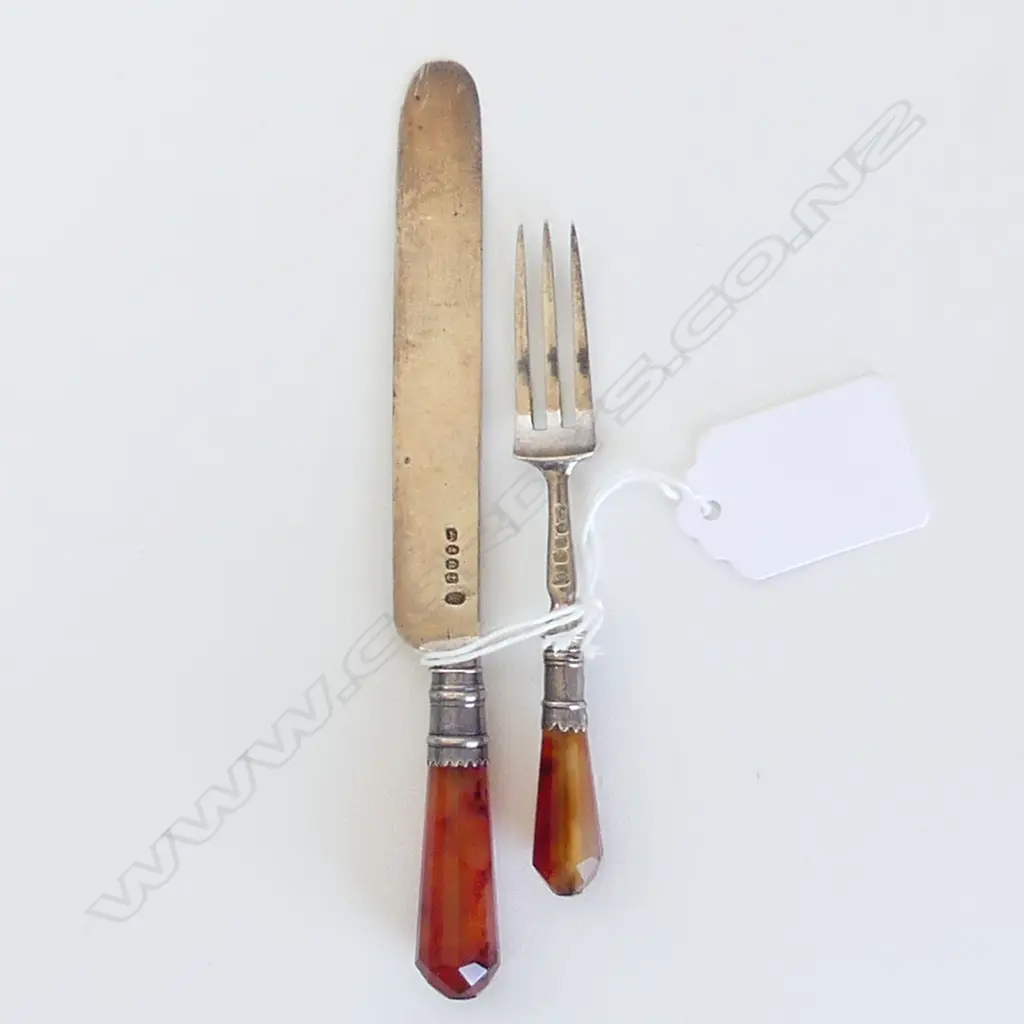 PR WMIV SILVER & BANDED AGATE KNIFE & FORK Birmingham 1836 by Willmore & Co   Image 1++