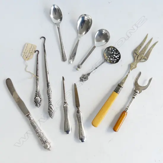 11 ASST STG SILVER & PLATED HOUSEHOLD ITEMS, SPOONS, PICKLE FORKS, HOOKS ETC..