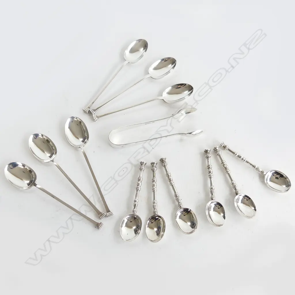 2 SETS 6 STG SILVER SPOONS INCL 6 COFFEE SPOONS + SUGAR TONGS (L97mm) 130GMS Image 1++