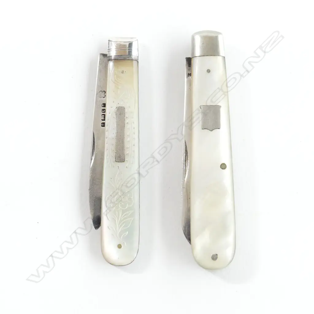2 VINTAGE STG SILVER & MOP POCKET KNIVES. L. 80mm Image 1++