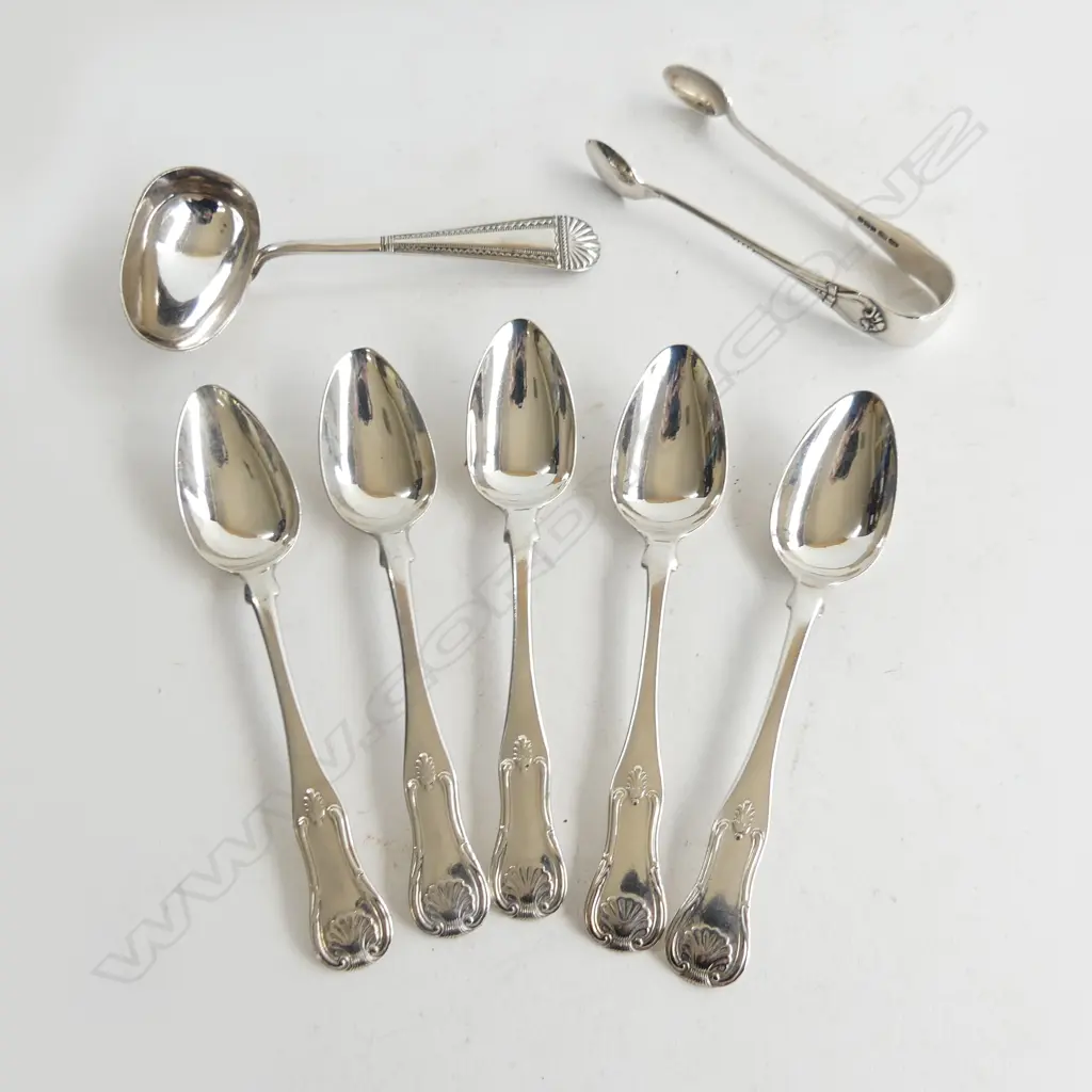 SET 5 STG SILVER TEASPOONS, SUGAR TONGS & SILVER PLATE SAUCE LADLE, STG WGT 154GMS Image 1++