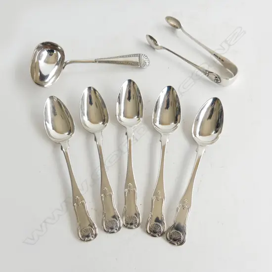 SET 5 STG SILVER TEASPOONS, SUGAR TONGS & SILVER PLATE SAUCE LADLE, STG WGT 154GMS