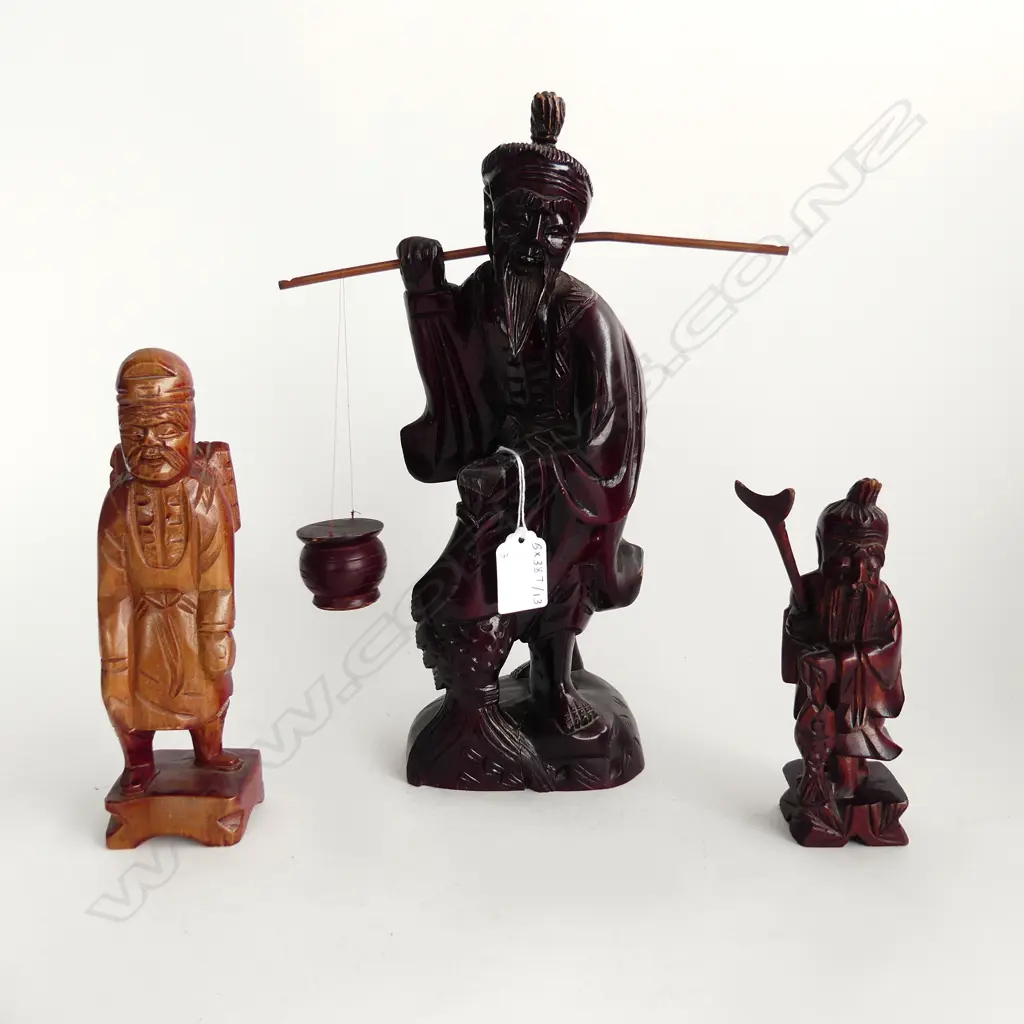 THREE CHINESE WOODEN CARVED FISHERMAN FIGURINES H. 300mm, H.150mm, H.210mm Image 1++
