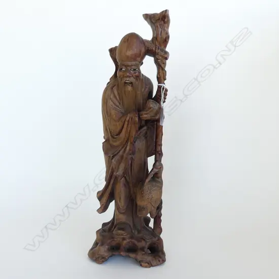 OLD CHINESE HARDWOOD CARVING OF SHAO LAO H.46mm  w peach staff etc
