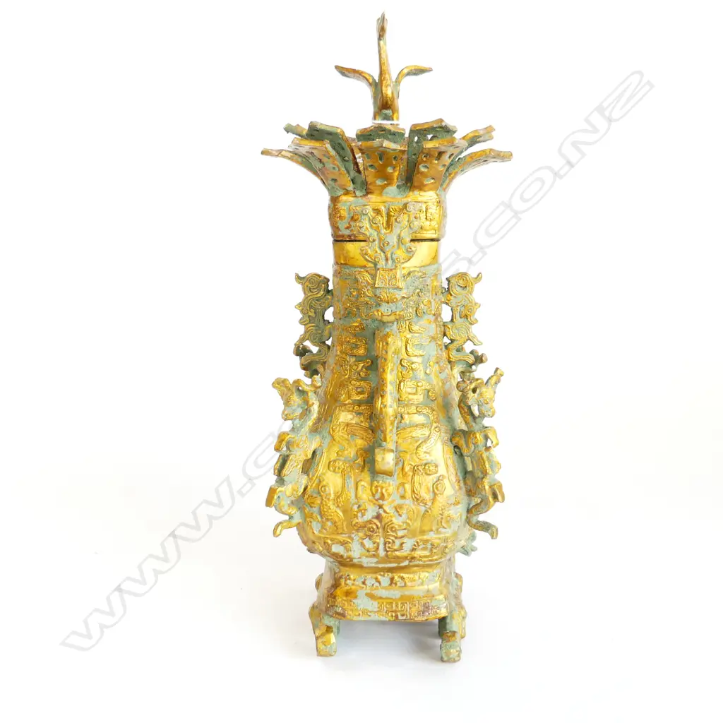 CHINESE ARCHAIC STYLE GOLD METAL LIDDED CONTAINER H.315mm Image 1++