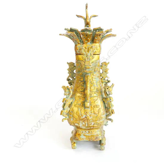 CHINESE ARCHAIC STYLE GOLD METAL LIDDED CONTAINER H.315mm