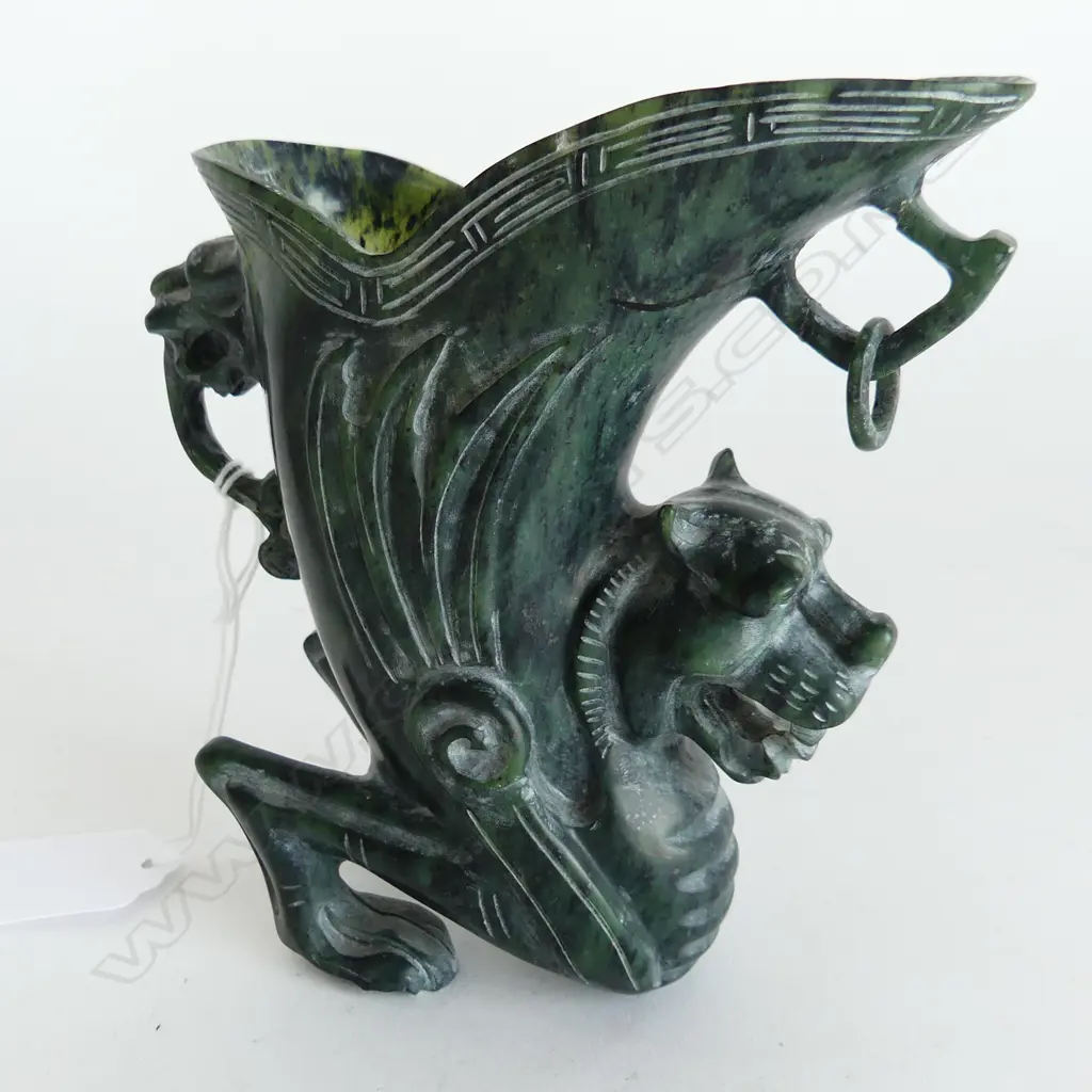 CHINESE CARVED GREEN STONE LIBATION CUP H.135mm repaired Image 1++