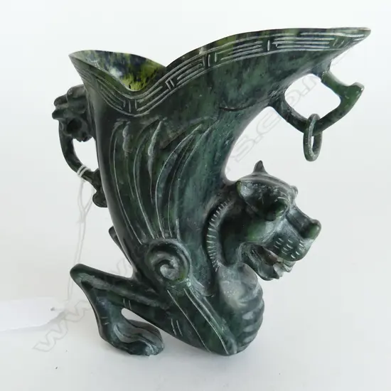CHINESE CARVED GREEN STONE LIBATION CUP H.135mm repaired