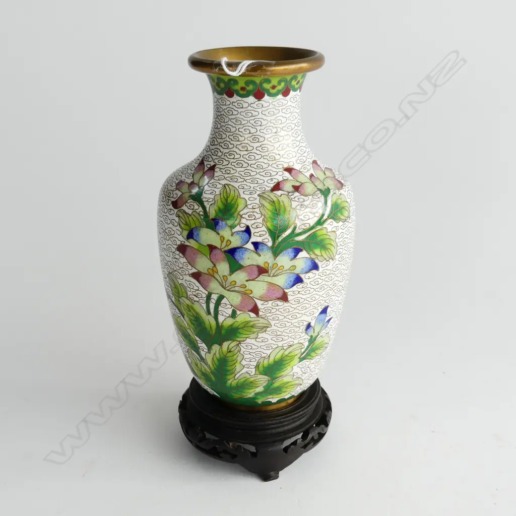 CLOISONNE VASE & WOODEN STAND H. 195mm Image 1++