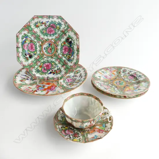 6 PCES CHINESE CANTON FAMILLE ROSE; 4 PLATES 250mm, CUP (repaired) & SAUCER 