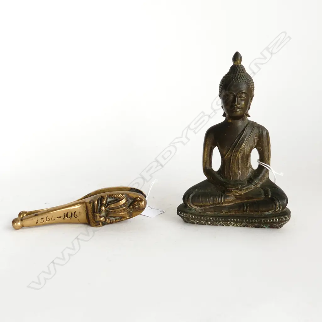 BRONZE BUDDHA (H. 170mm) & BRASS WILLIAM SHAKESPEARE THEMED NUTCRACKER, W.130mm Image 1++
