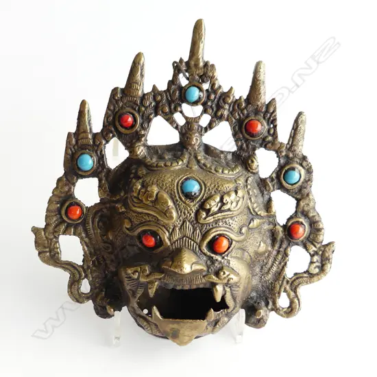 BRASS, TURQUOISE & CORAL MAHAKALA DIETY INCENSE HOLDER dia  190mm