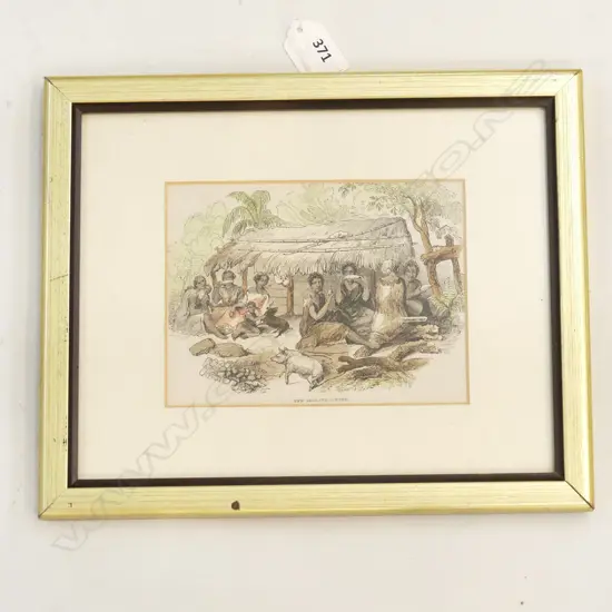 FRAMED 19TH C PRINT. ' NEW ZEALAND DINNER ' H.115mm W. 150mm