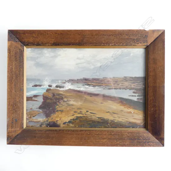 ANTIQUE UNSIGNED COASTAL SCENE OIL ON BOARD, OAK FRAME 230 X 345mm