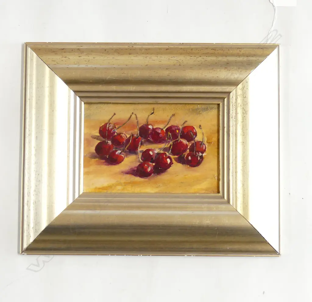 J. LEWIS, CHERRIES STILL LIFE, OIL ON BOARD 115x175mm Image 1++