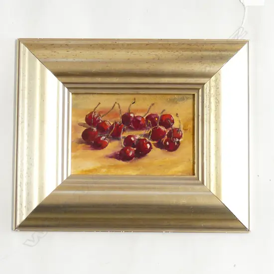 J. LEWIS, CHERRIES STILL LIFE, OIL ON BOARD 115x175mm