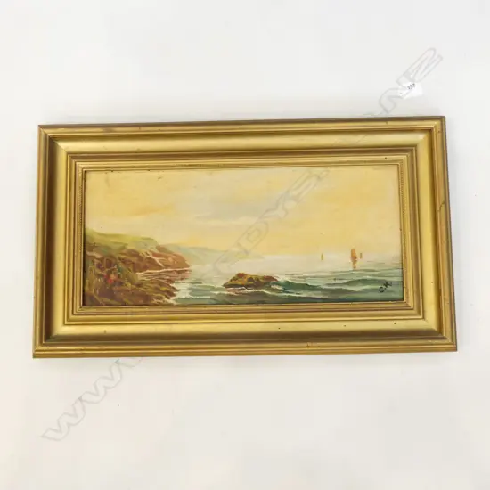 EARLY 20thC COASTAL LANDSCAPE OIL ON CANVAS INITIALLED C.K. 190x445mm