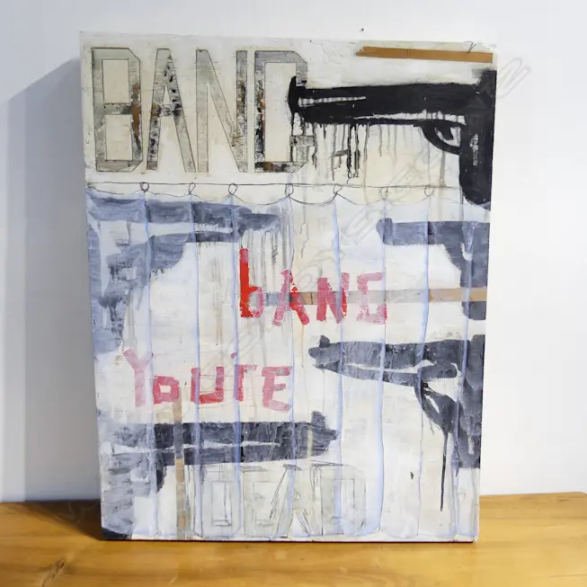 ARTIST UNKNOWN MIXED MEDIA  ON WOODEN PANEL TITLED COVER UP 920 X 710 MM Image 1++