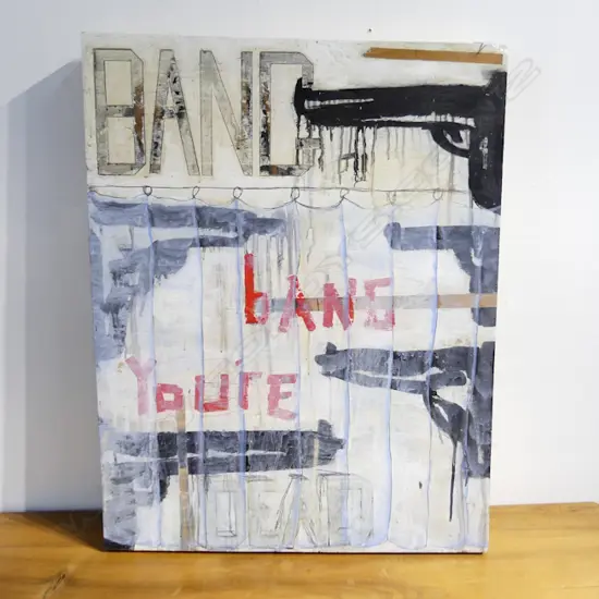 ARTIST UNKNOWN MIXED MEDIA  ON WOODEN PANEL TITLED COVER UP 920 X 710 MM