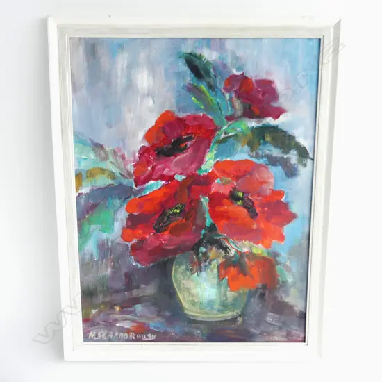 MAVIS SCARBOROUGH 'POPPIES' OIL ON BOARD, SIGNED 440 X 580mm